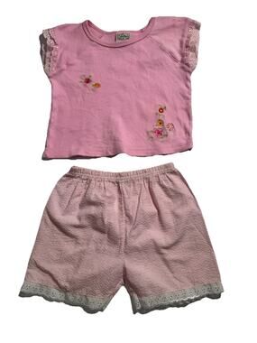 Mon Petit Girls 18M Pink Floral Embroidered Top & Seersucker Shorts Set